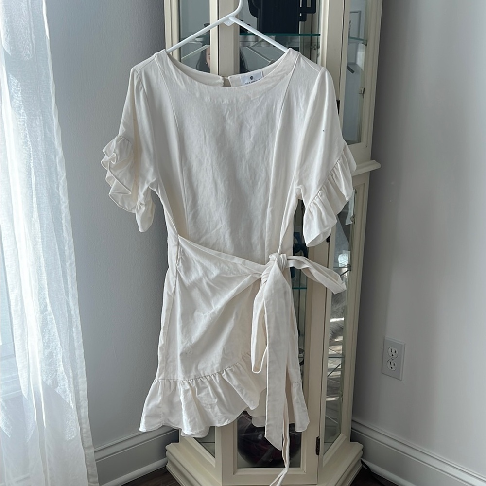 White Linen Ruffle Sleeve Wrap Dress